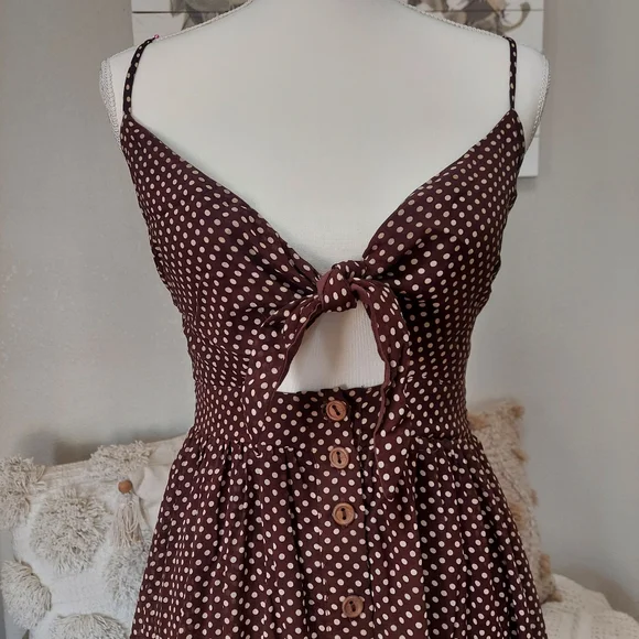 Skylar+Madison Midi Brown Polkadot Flowing Cutout Swing Summer Dress Size Small - Picture 5 of 7